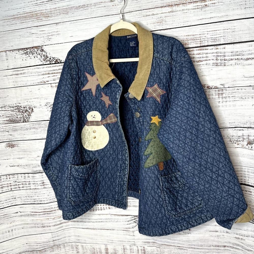Vintage Baccini Christmas Quilted Denim Color Patch Coat 22 - Picture 1 of 3